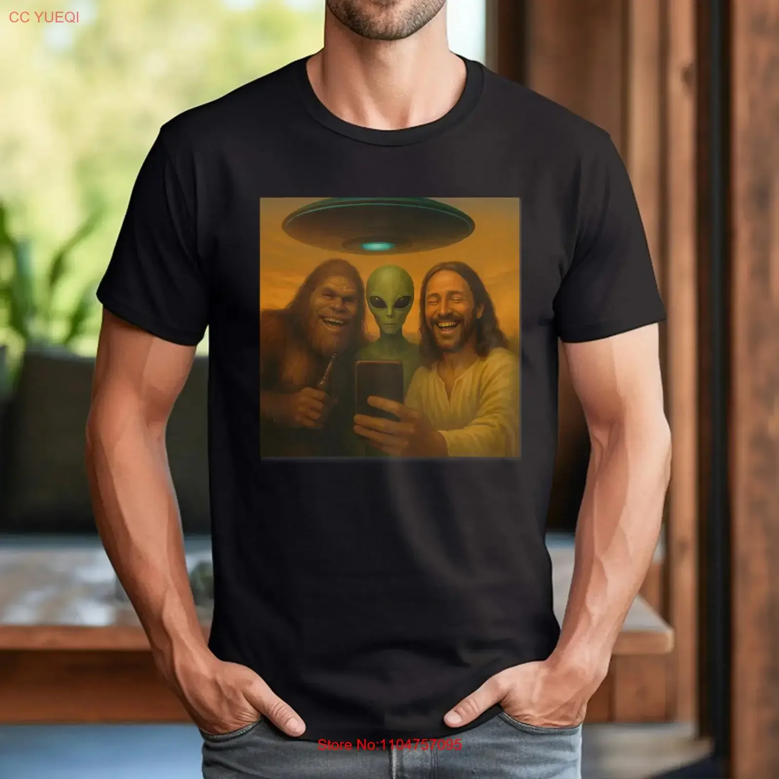 Selfie Bigfoot Jesus Alien Cryptid Funny Sasquash and UFO T Shirt vintage Washed designer clothes Stretched Casual Versatile