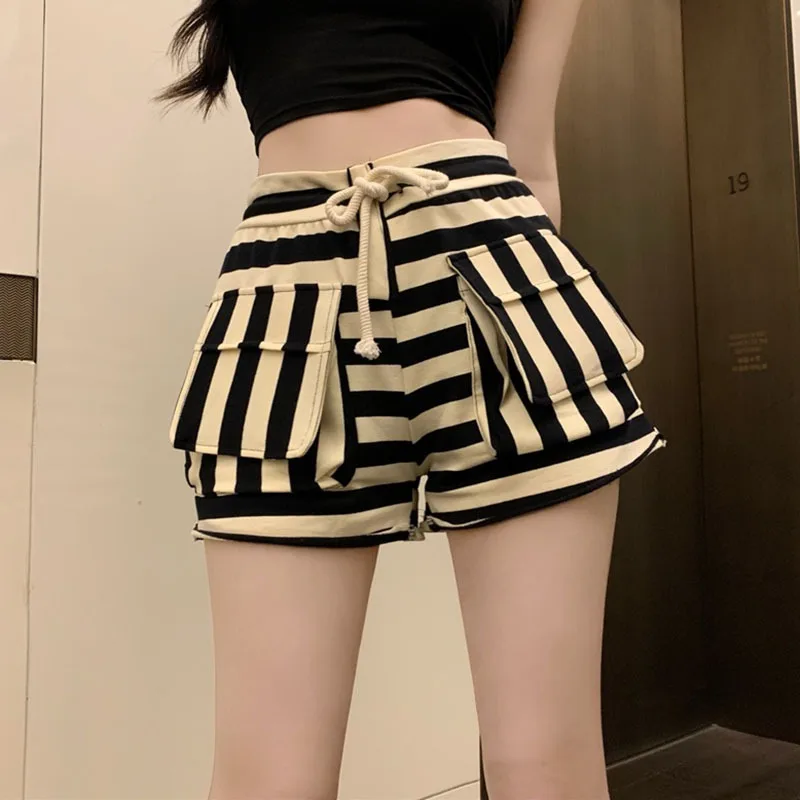 Elegant Drawstring Wild Shorts Women Stripe Printing Pocket High Waist Shorts Bandage Easy Elastic Casual Short Pants Lady