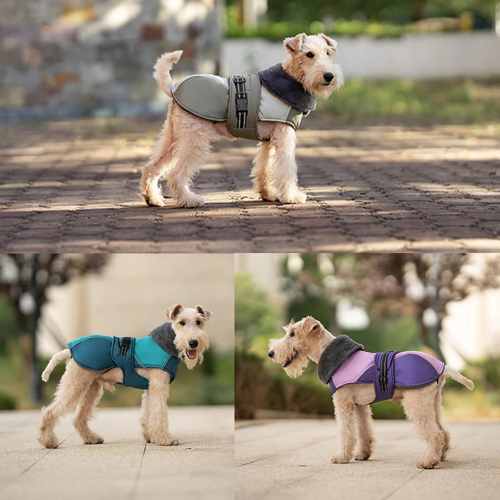 Winter Dog Jacket with Harness Hole Warm Thicken Windproof High Fur Collar Dog Coat for Small Dogs Reflective Pet Snow Outfit