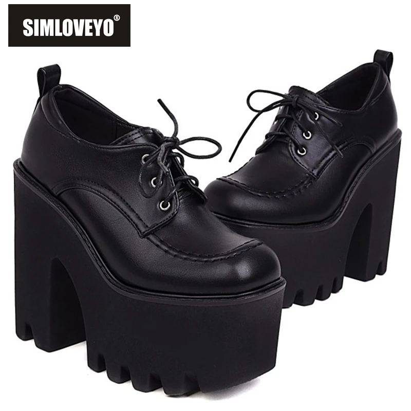 SIMLOVEYO Spring Autumn Ladies Pumps Platform Shoes women Toe Chunky Heels Lace-Up Rubber Size A4616