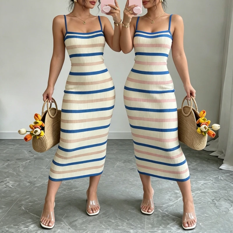 Damen Blau-Beige Gestreiftes Spaghetti-Träger-Kleid Geripptes Strick-Stretch-Bodycon-Midikleid Lässiges Sommer-Strand-Urlaubsoutfit