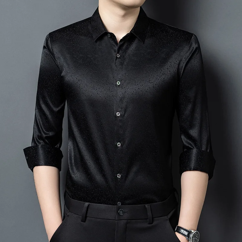Silk Thin Long-sleeved Shirt Men Middle-aged Business Casual Silk Jacquard Shirt