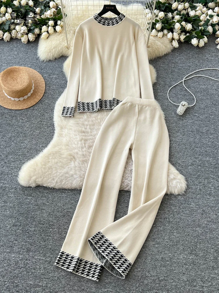 SINGREINY-Conjunto de suéter de pata de gallo para mujer, Jersey holgado + Pantalones largos de pierna ancha, trajes de punto informales de invierno, novedad de 2025