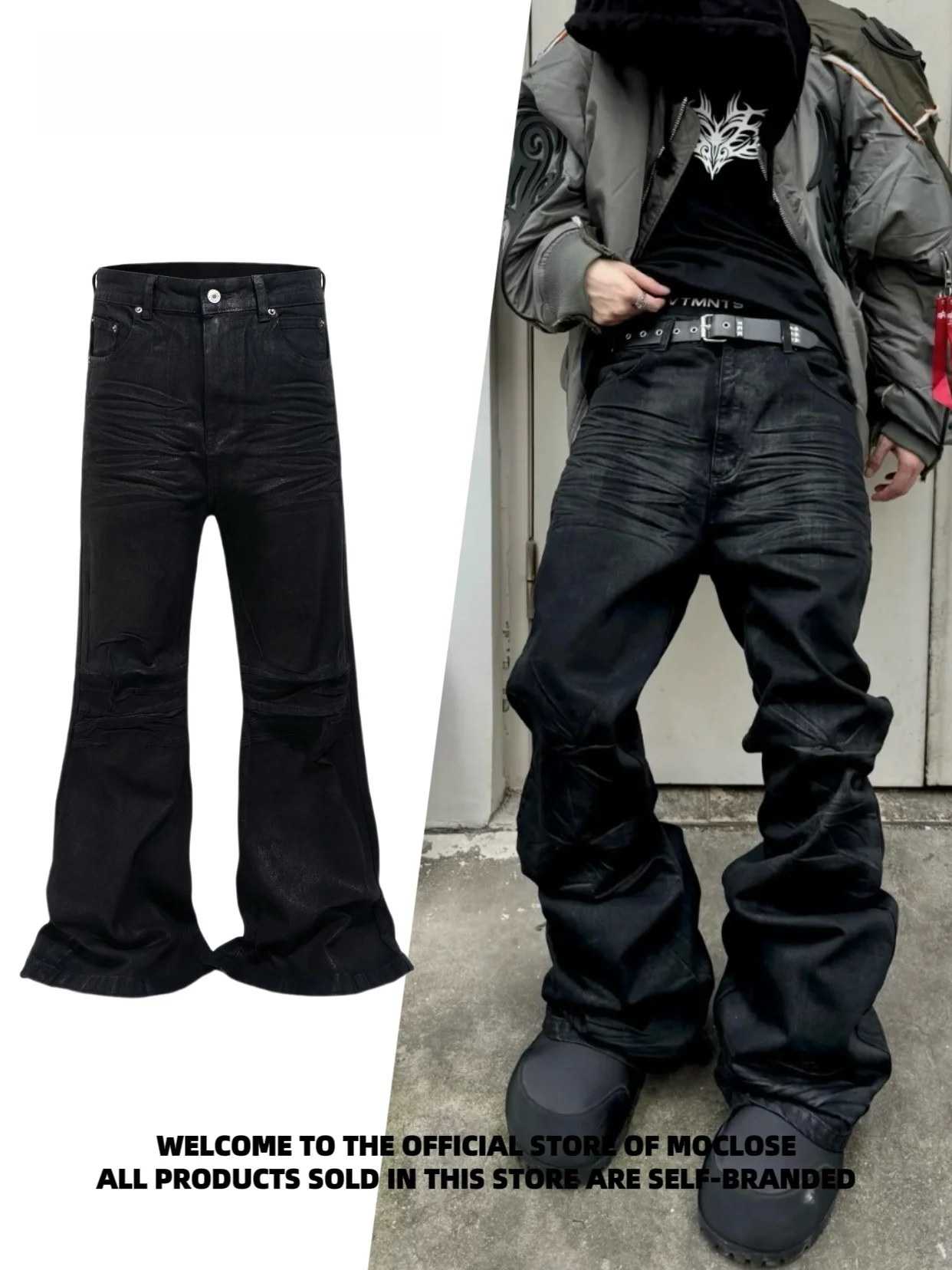 

Moclose American High Street k Sle Wax Coating Men Women Slim Micro Flared Floor Length Jeans Youth Casual Pure Color