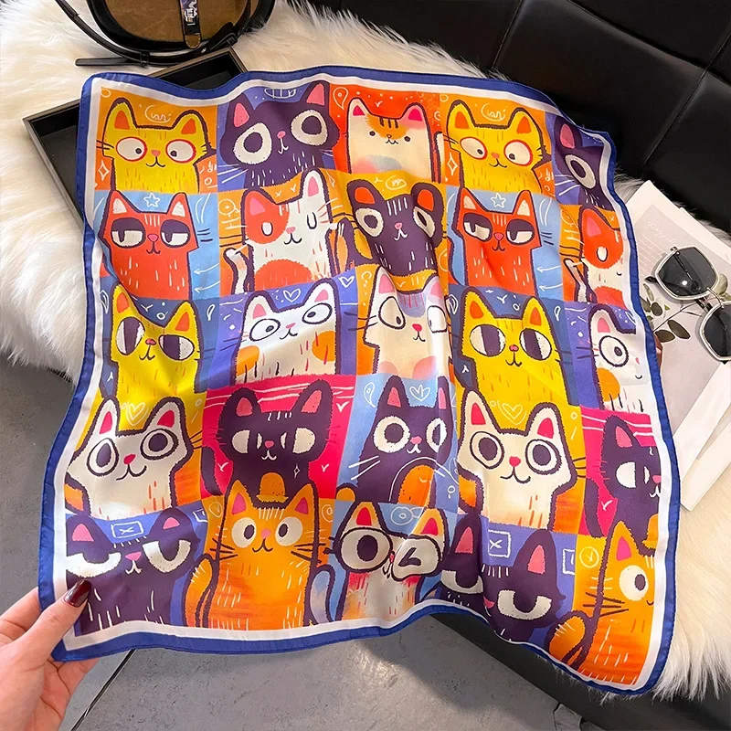 70cm Luxury Hijab Silk Shawl and Wrap Cute Cat Print Scarf for Women Neckerchief Hair Band Wrist Headband Bandana 2027 Echarpe view 3