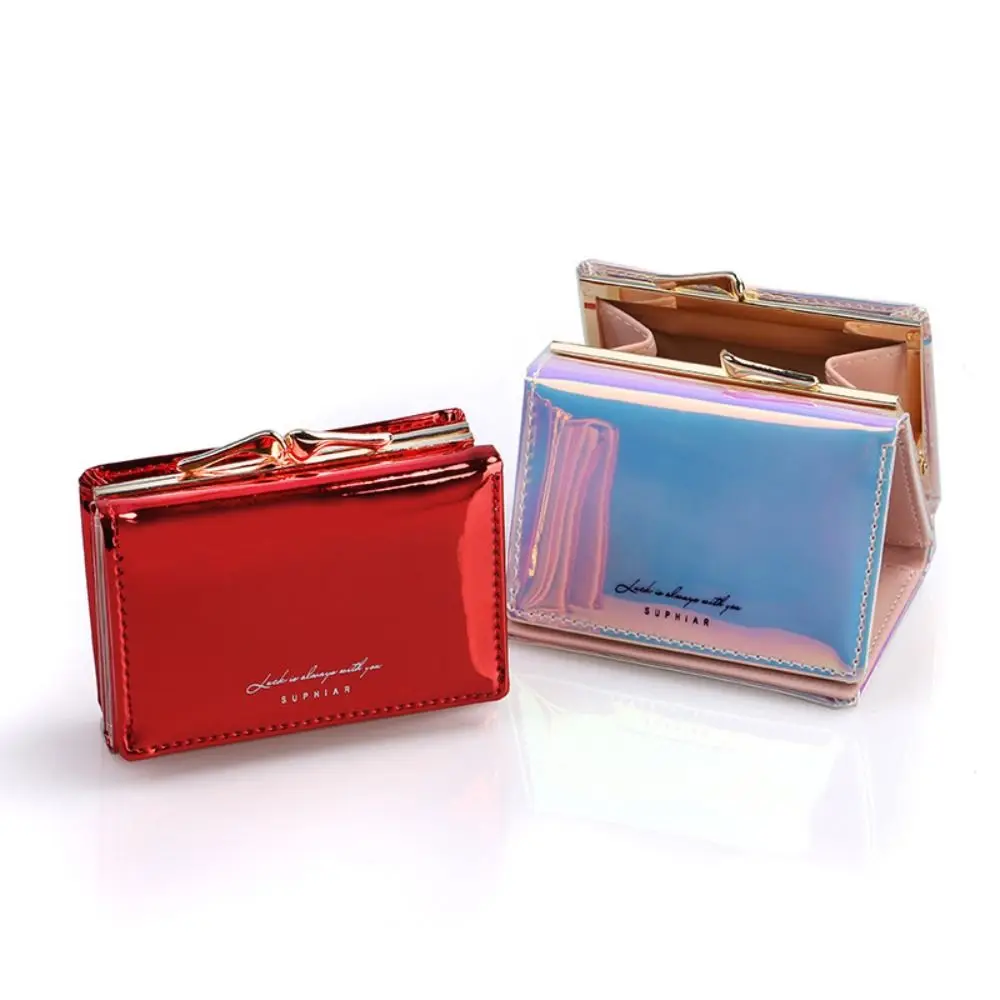 Portable Multi-card Slot Laser Short Wallet Colorful Multifunctional Triple Fold Wallet Small Hasp Pu Laser Coin Purse Women