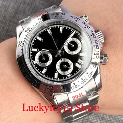 39MM Sliver Case Black/White/Green/Yellow Dial Chronograph VK Quartz Multi-Function Men Watch Sapphire Glass Steel Strap