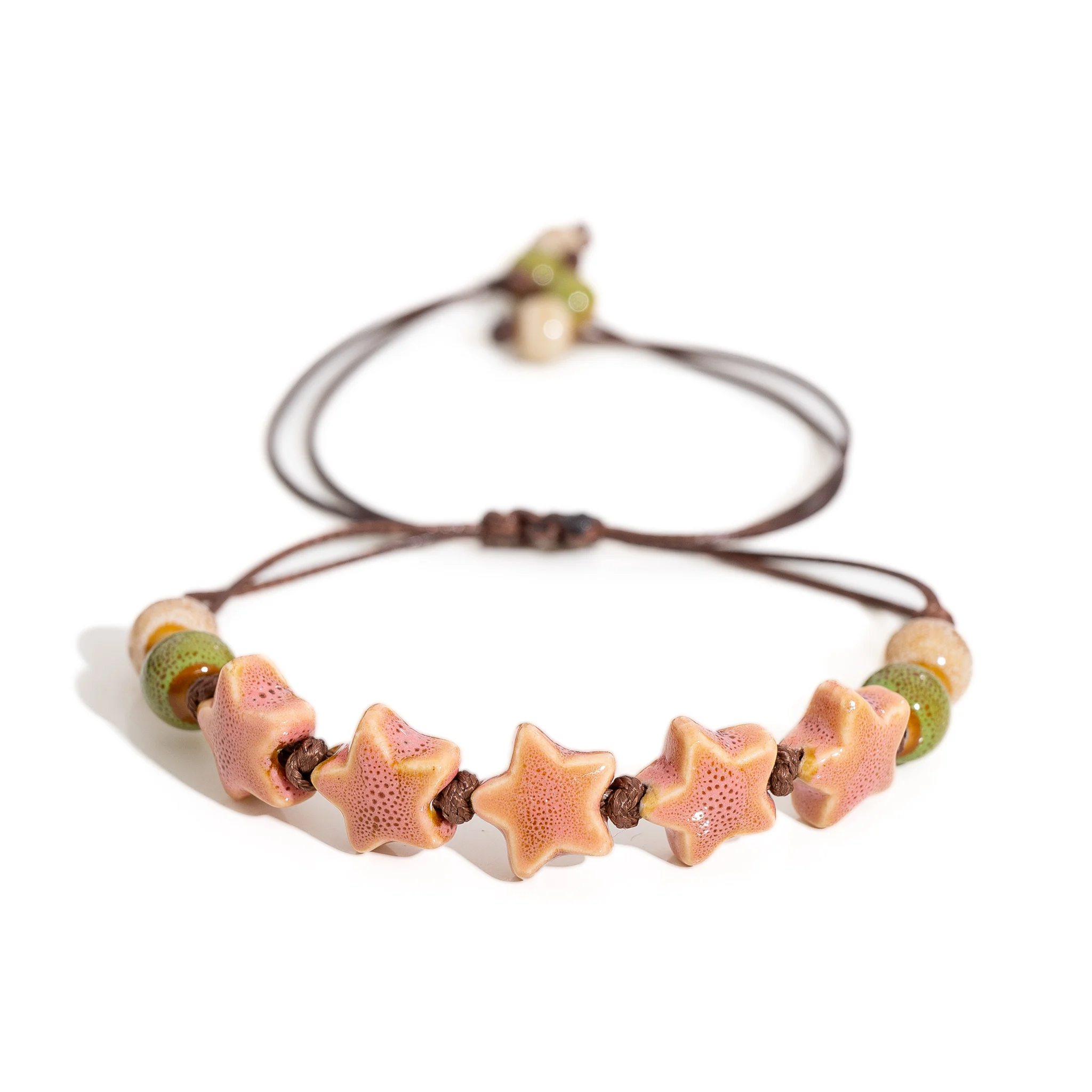 Handgefertigtes verstellbares Armband mit Pentagramm-Keramikperlen, Wachsschnur, Damenschmuck, originelles Geschenk, Paar-Accessoire