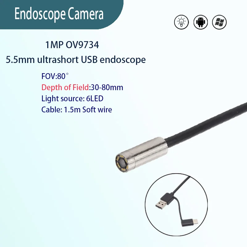 

1MP 5.5mm 80°ultra short HD endoscope camara car repair 1.5m USB 3-in-1 Soft wire endoscope camara