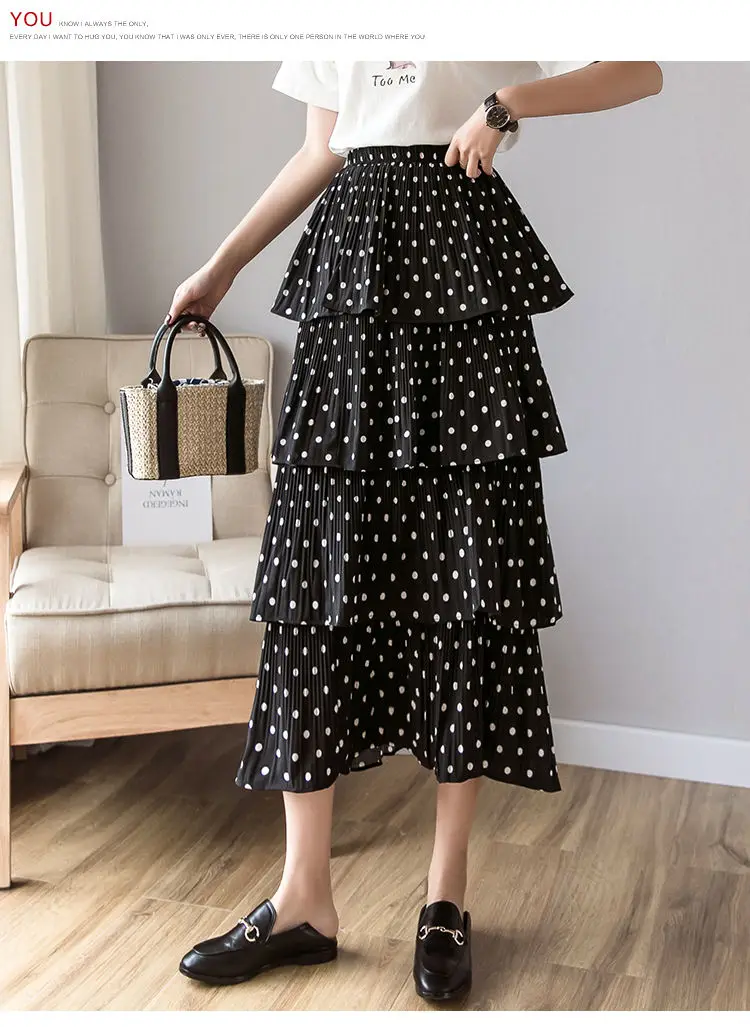 Cupcake Rokken Polka Dot Print Lange Elegante Vrouwen A-Lijn Gegolfde Vrouwelijke Rok 2024 Lente Zomervakantie Strandrokken Dames Nieuw