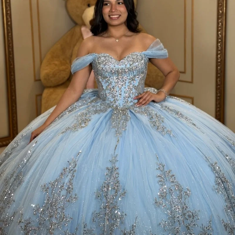 Blue Quinceanera Dress Silvery Glitter Crystal Beading Decal Long tail off-shoulder Bow Vestidos De 15 Quinceanera ﻿Customize