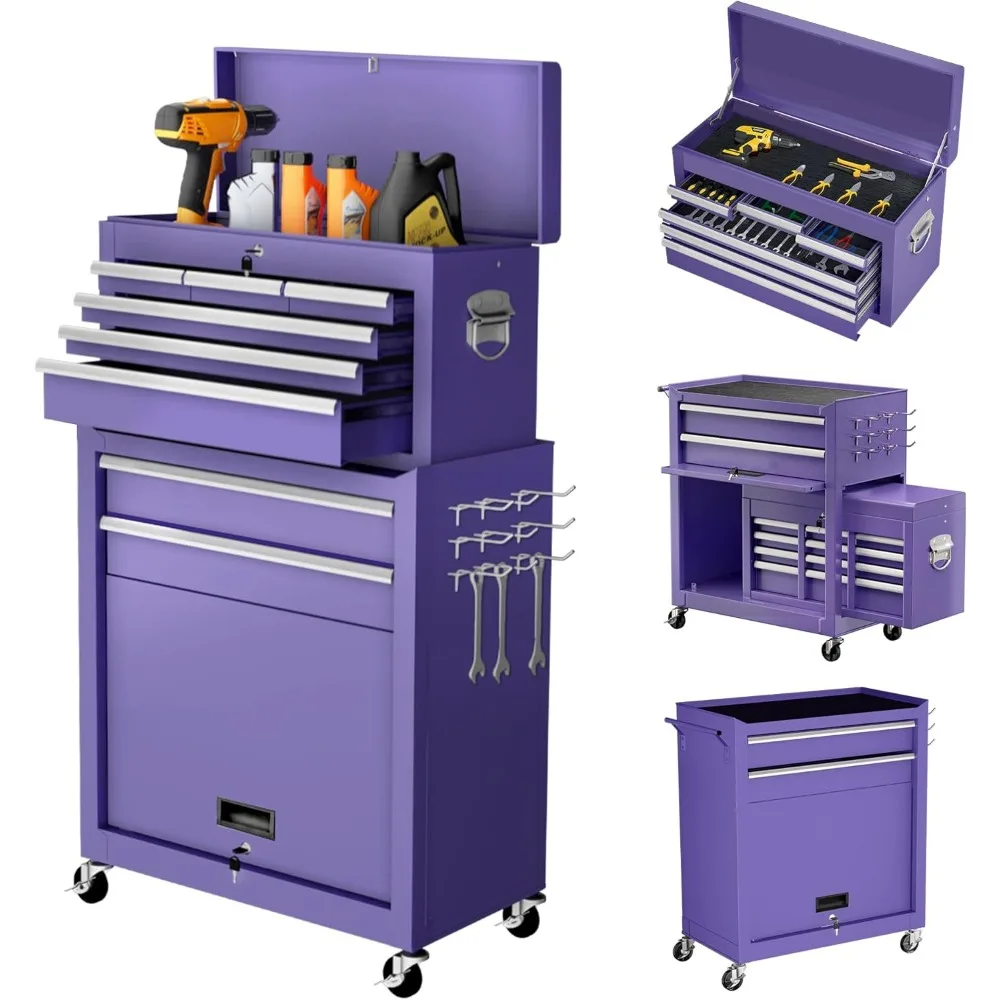 Cassapanca per attrezzi in metallo, cassapanca per attrezzi con ruote a 8 cassetti, armadietto per attrezzi con ruote, armadietto per attrezzi staccabile 2 in 1, rivestimenti e loc