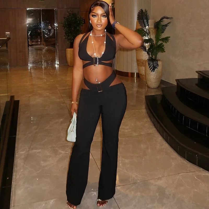 

Doyerl Festivals Outfit Women Two Piece Set Sexy Club Night Party Metal Button Bandage Crop Top and Flare Pants Matching Sets
