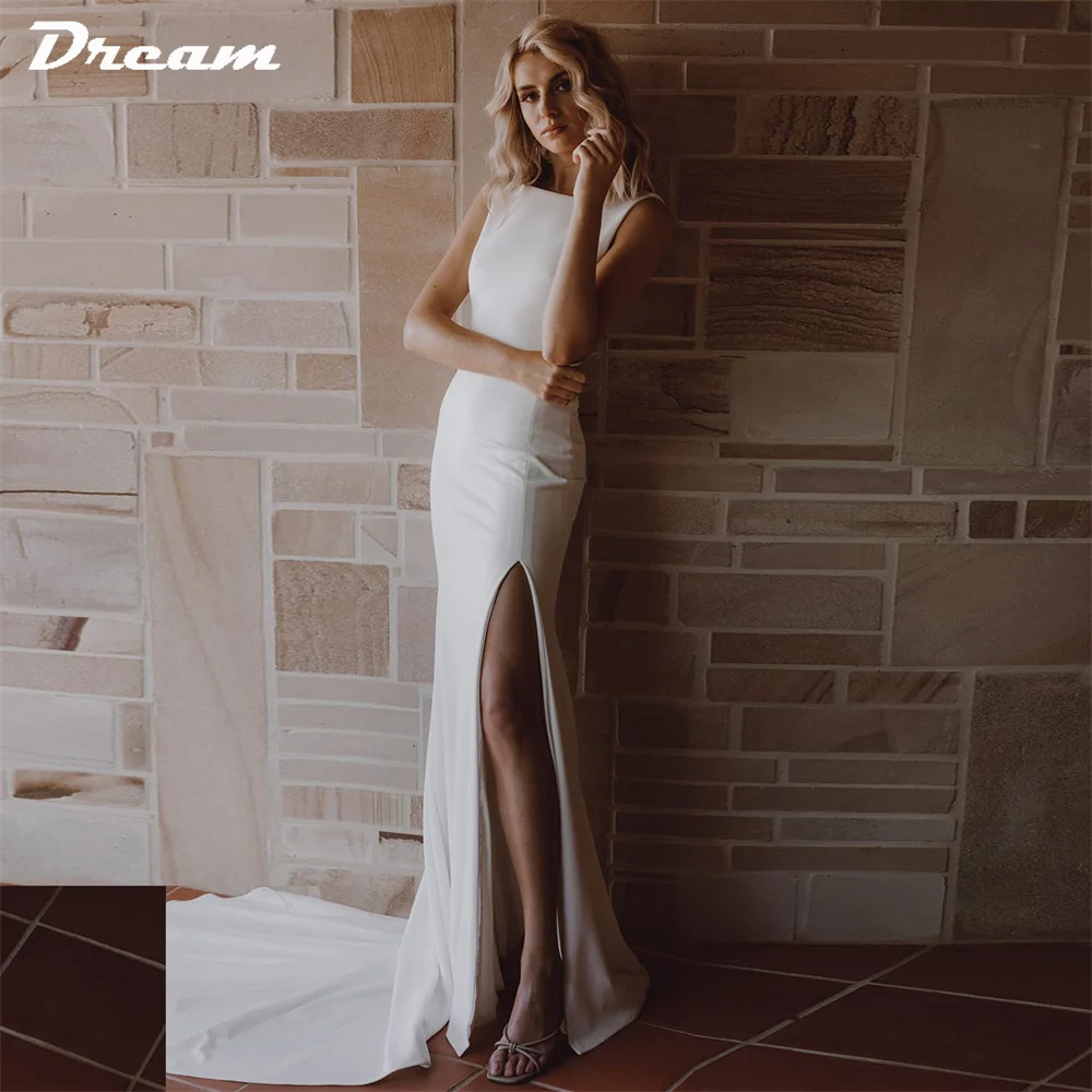 

DREAM Elegant Sleeveless High Side Slit Crepe Mermaid Wedding Dress Cut-Out Sweep Train Modern Bridal Gown