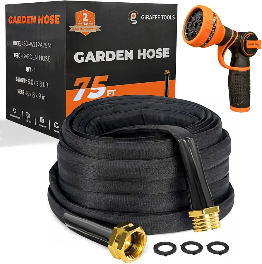 

Garden Hose 75FT Lightweight Lay Flat Water Hose Kink Free Flexible Hose with 9 Spray Function Nozzle（Black）