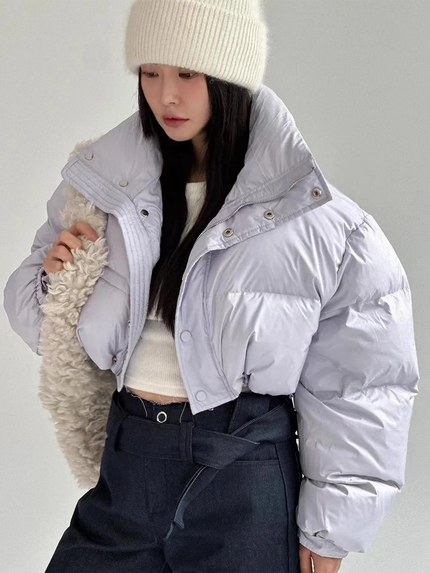 

Clothland Women Elegant Pocket Padded Jacket Single Breasted Long Sleeve Crop Top Female Fashion Loose Coats Mujer CB313