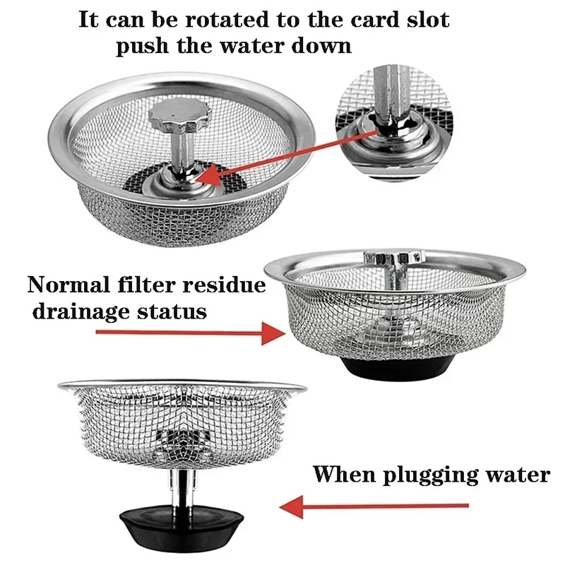 Kitchen Sink Strainer with Handle & Stopper Replacement Sink Drain Basket Stainless Steel Mesh Filter Strainers Waste Hole Trap