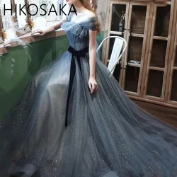 Customized New Greydish Blue Long Evening Dress Sweat Lady Women Princess Bridesmaid Banquet Party Dress Gown Black Lace Slim Wa