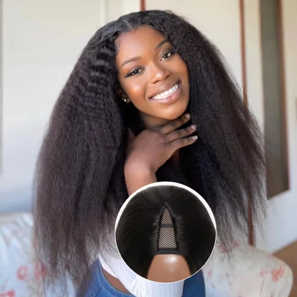 

V Part Kinky Straight Wigs Human Hair No Leave Out No Glue Brazilian Hair Wigs For Women 180% Density Kinky Straight V Part Wig