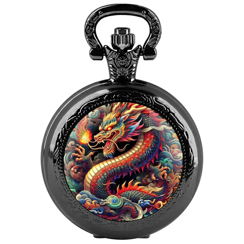 Orologio da tasca al quarzo nero con cupola in vetro drago cinese con quadrante con numeri arabi e catena resistente, regalo retrò per uomini e donne