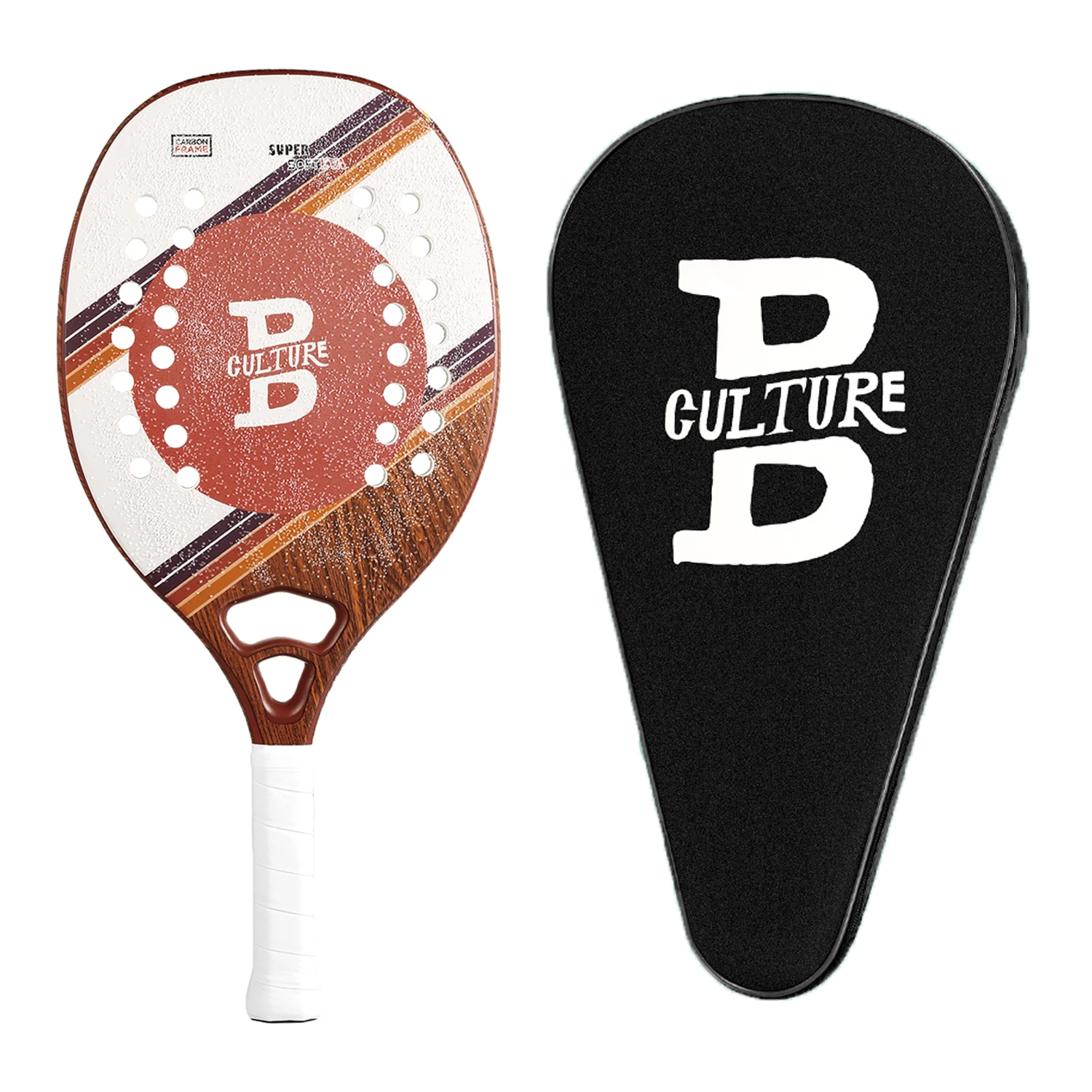 Beach Tennis Racket Carbon Fiber Surface with Sand Grit Print, Lightweight EVA Soft Racquet, with Cover Bag for Carry