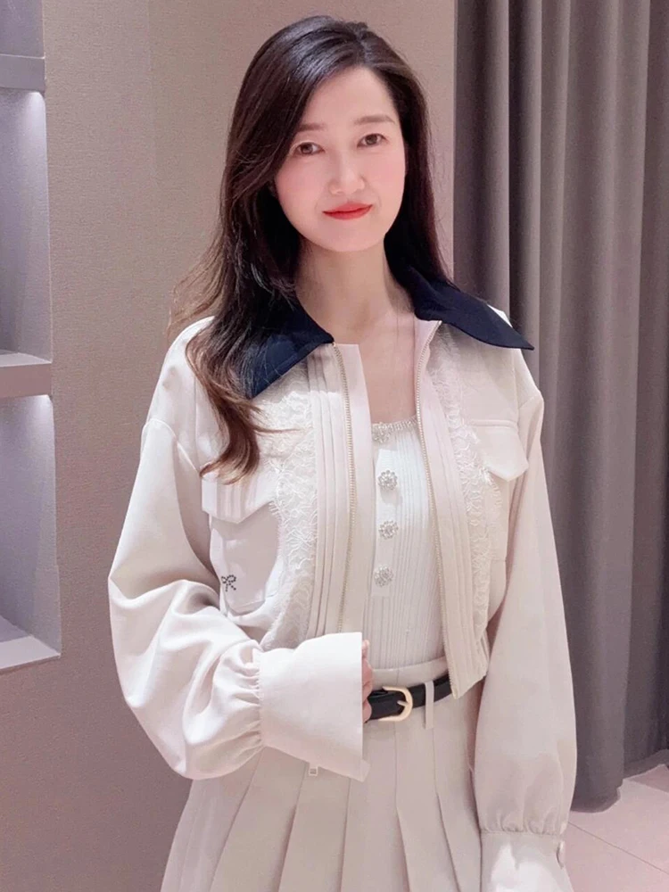 

High-End ort Lace Coat And f Skirt Set for Women with Collar Zipper Closure Polyester Fiber Long Sve Summer Faion