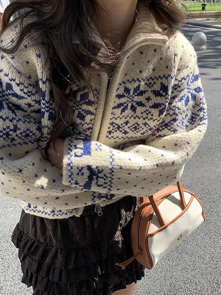 Śnieżynka sweter z dzianiny kobiety japoński Vintage Harajuku krótki kardigan kobiety jesień zima na co dzień dzianina z zamkiem błyskawicznym i