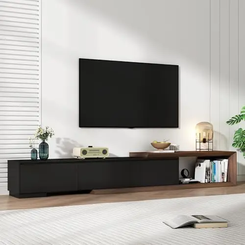 Extendable TV Stand with 3 Drawers, Modern Minimalist Entertainment Center, Reversible Long TV Media Console, Bevel