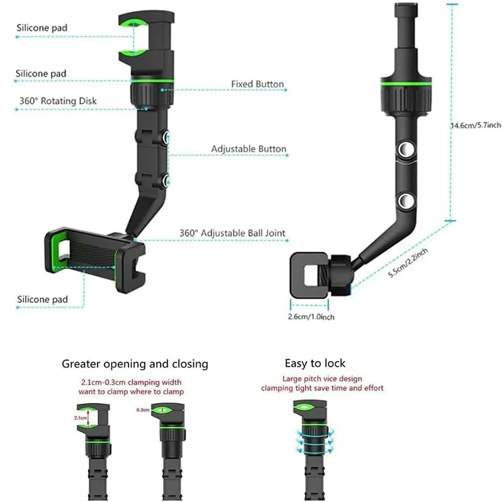 BOMGE حامل هاتف محمول 360 درجة متعدد الأغراض مناسب للسيارة، حامل ثلاثي الميكروفون، حامل هاتف محمول للسيارة بمرآة الرؤية الخلفية