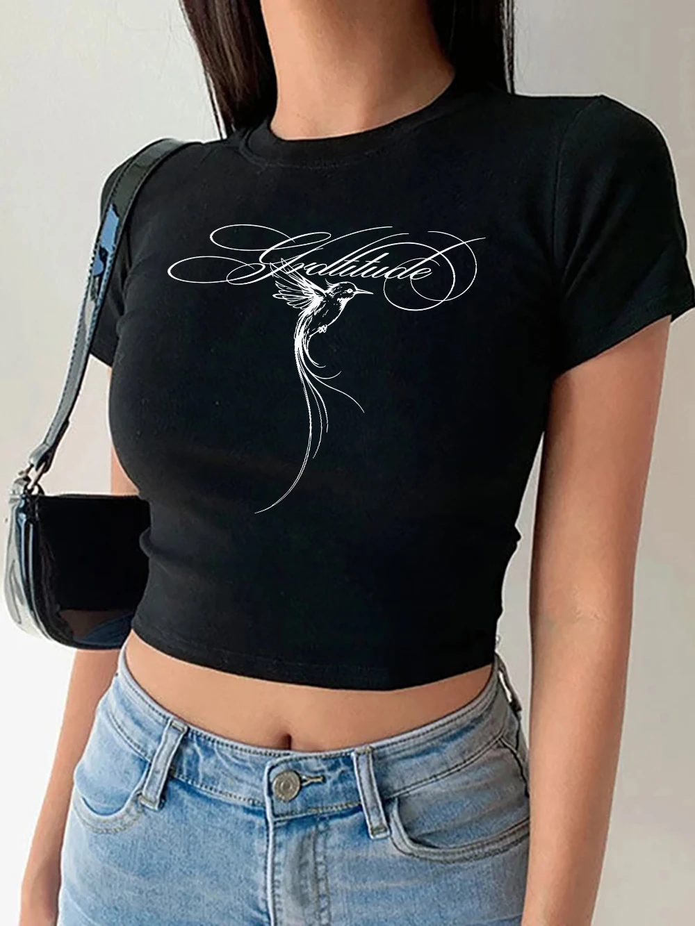 Gratitude Hummingbird Printing Women Crop T-Shirts Summer Soft High Elastic Tops Sexy Slim Streetwear Comfortable O-Neck Clothes