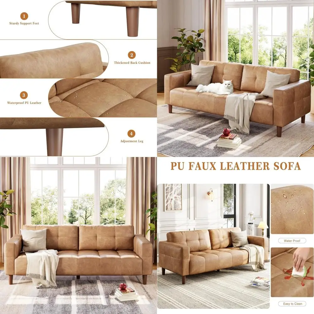 

Коричневый 3-местный диван из искусственной кожи с подушками, водонепроницаемый, с широкими подлокотниками и прочным каркасом для гостиной или спальни