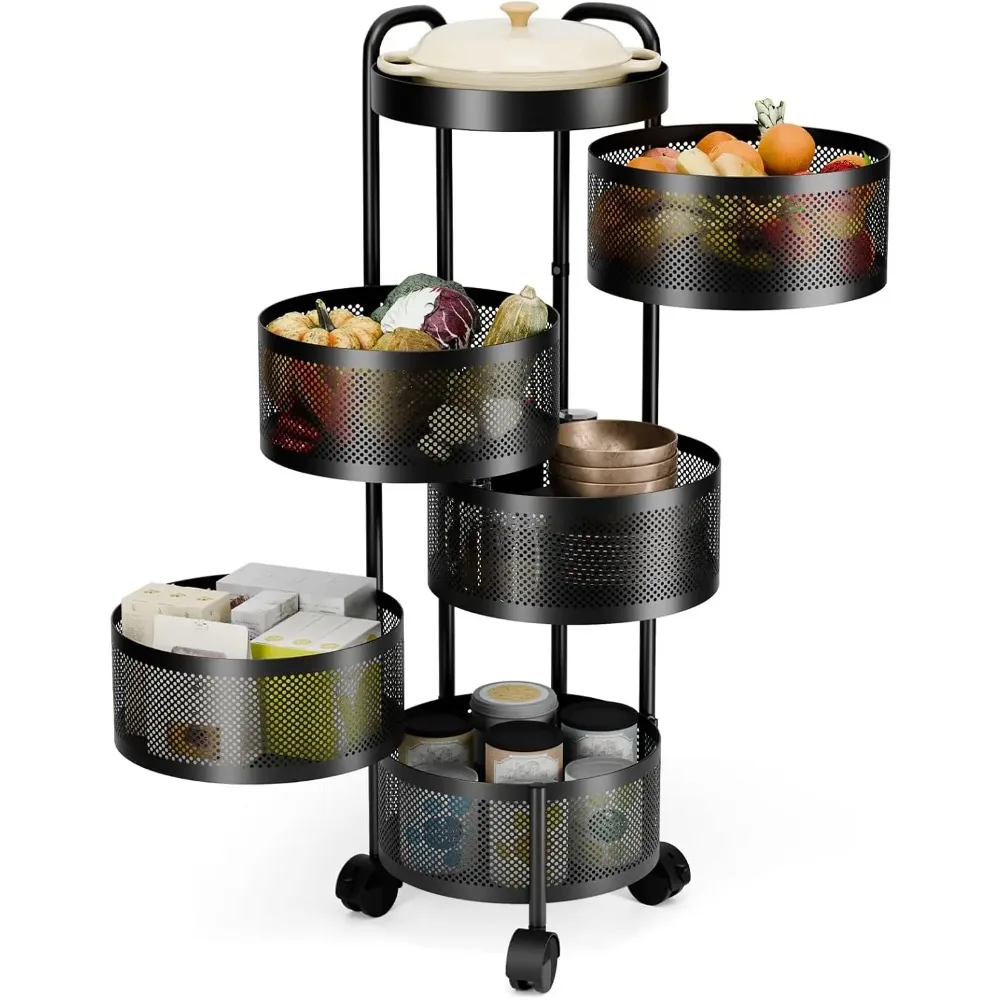 

5-Tier Round Metal Storage Basket Rack, Rotating Tower Organizer with Wheels for Fruits Vegetables Groceries