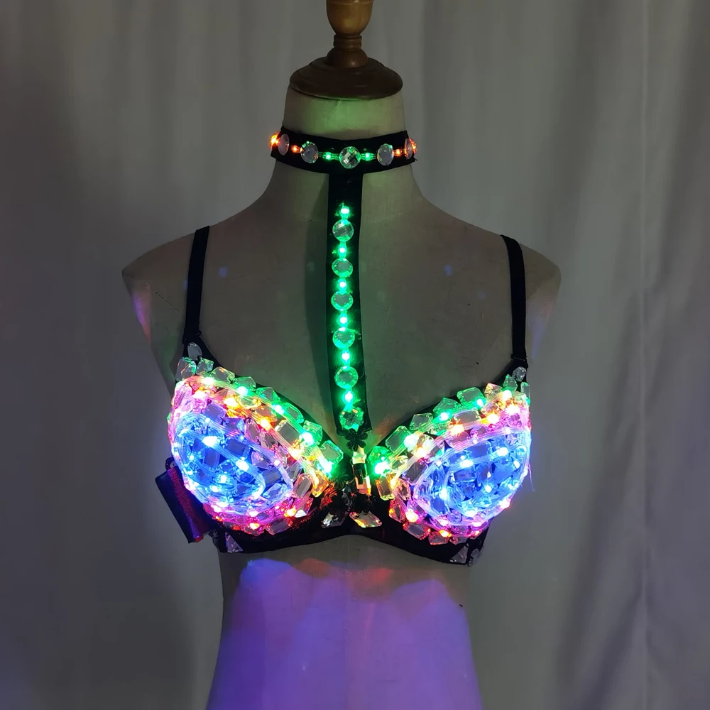 Sexy LED Bra for Women Colorful Flashing Stage Wear Glowing Diamond Underwear for Singers Dancers Punk Club Night Outfits