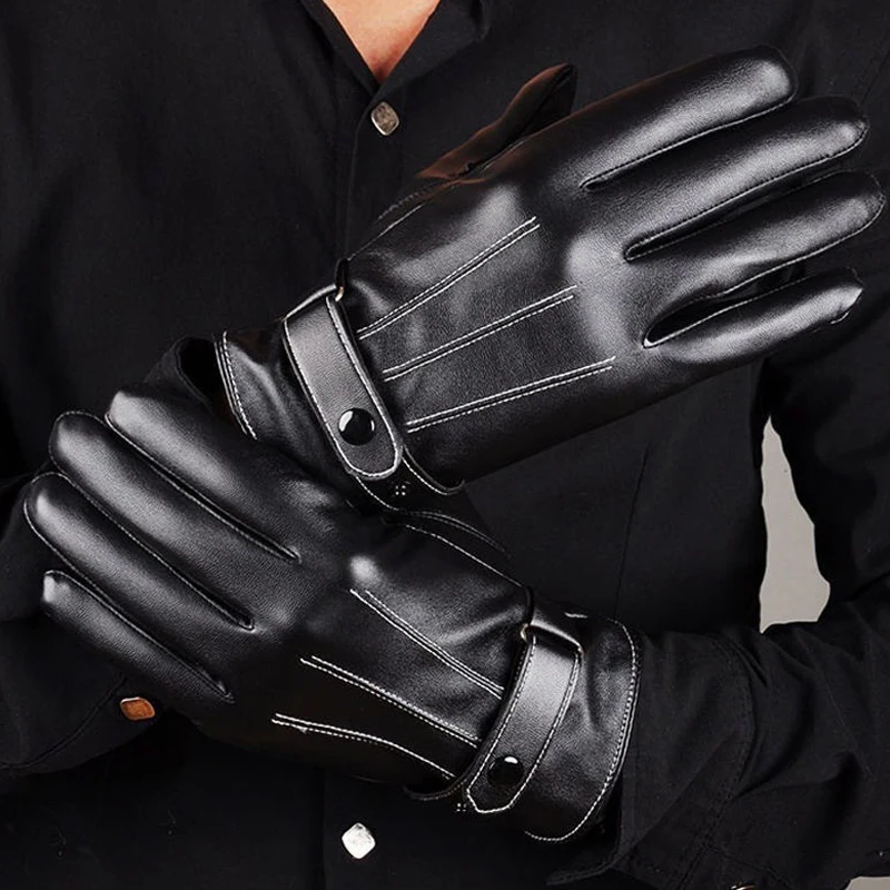 Men Winter PU Leather Black Warm Motorcycle Gloves Touchsreen Full Finger Mittens Outdoor Sports Driving Skiing Windproof Gloves