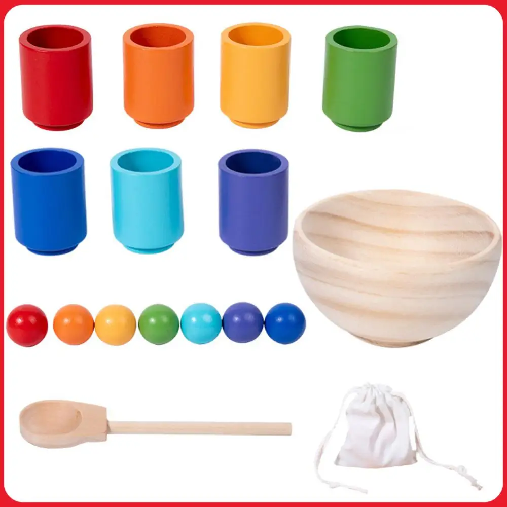 

Rainbow Balls in Cups Baby Learning Toys with Cups/Balls/Bowl/Spoon Wooden Color Sorting Toy for Kids 3 Years Old and Up