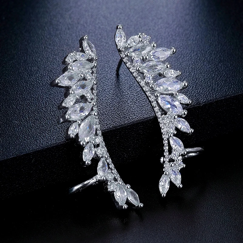 Ekopdee New Designer Vintage Shining Leaf Cubic Zirconia Clamp Climber Ear Clip For Women Girl Fashion Crystal Jewelry