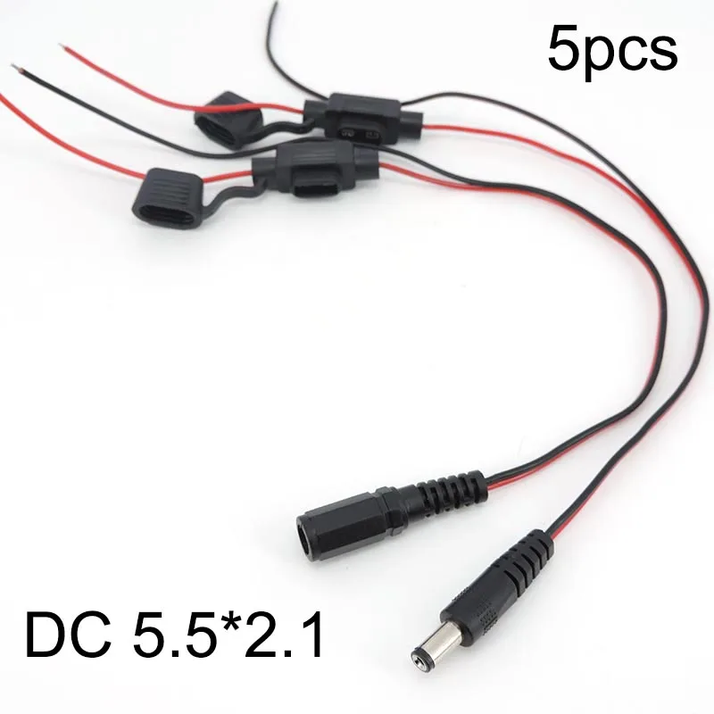 5pcs DC 5521 Male female Cable Plug Waterproof to 5A Fuse Block To Open End With Fuse Seat 20awg Flexible Wire DC Power Pigtail