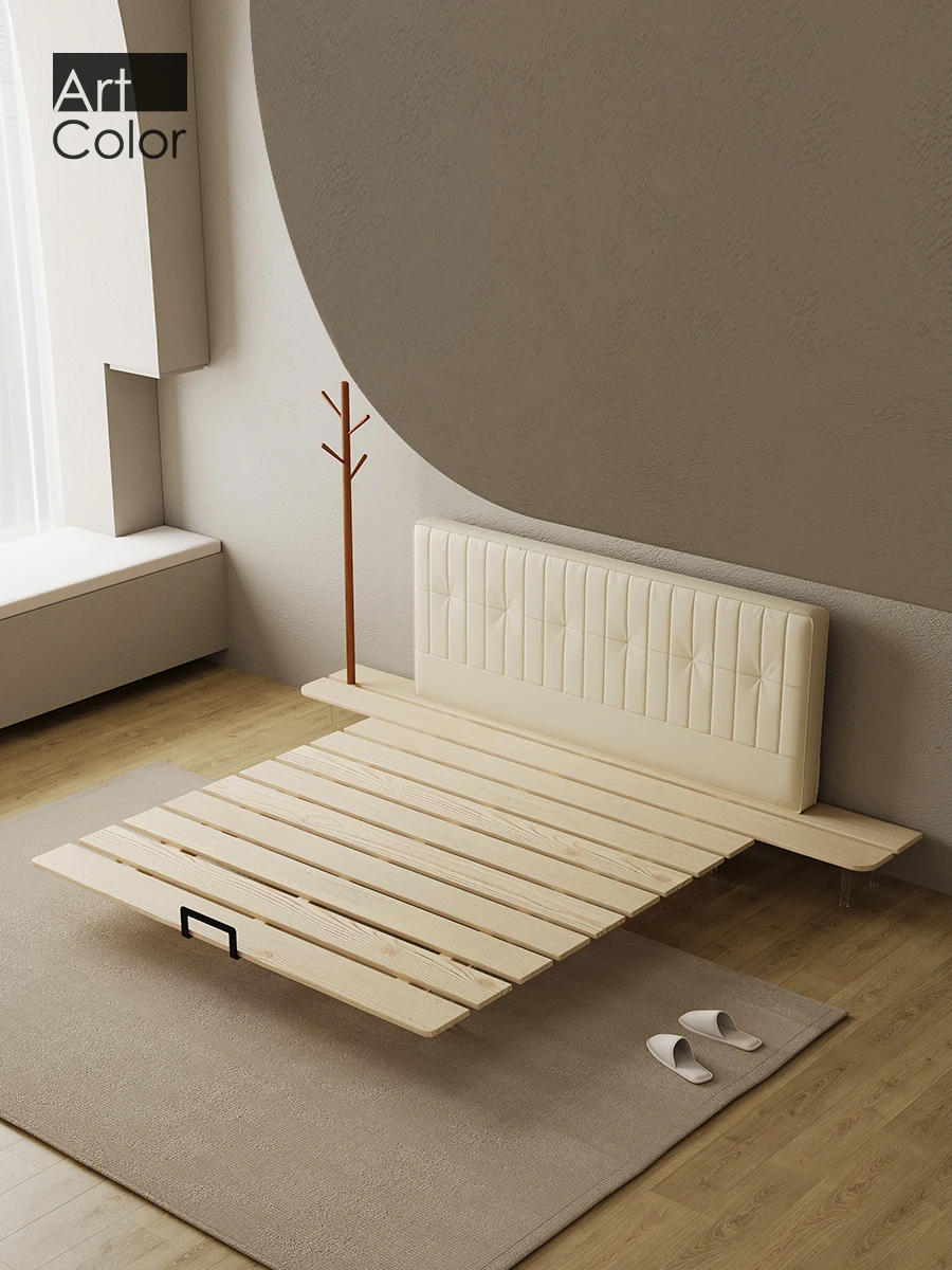 Minimalist cream style leather art bed, all solid wood bed frame, modern double bed