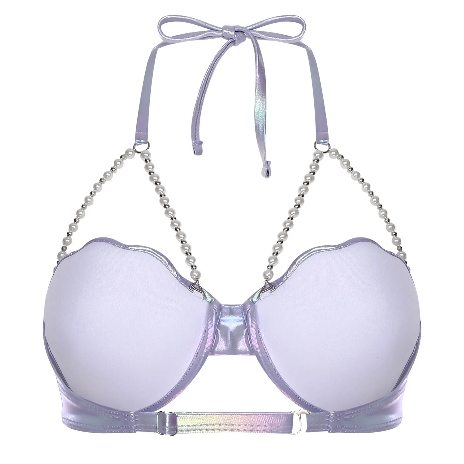Womens Shiny Metallic Bikini Bra Top Halter Neck Sheel Shaped Cup Pearl Chain Push Up Bra Mermaid Cosplay Swim Top Beachwear image 4