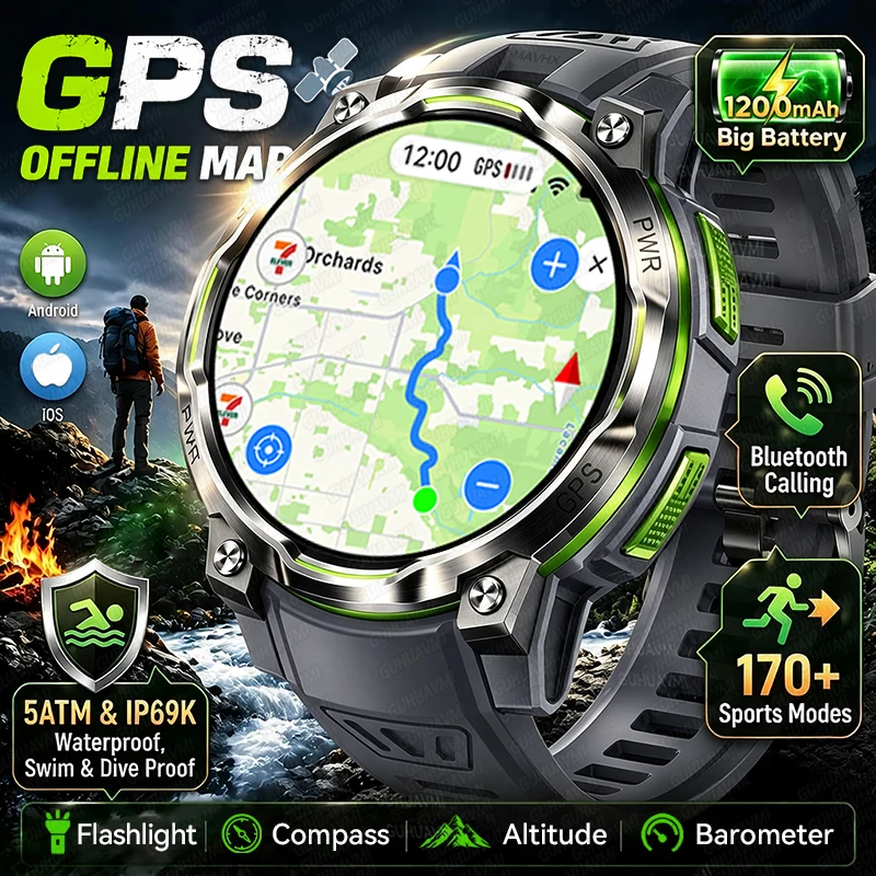 Nowy smartwatch z nawigacją GPS i mapami 2026, 1200mAh, kompas, wysokościomierz, zegarek sportowy, wodoodporna bransoleta, ChatGPT, wojskowy smartwatch męski