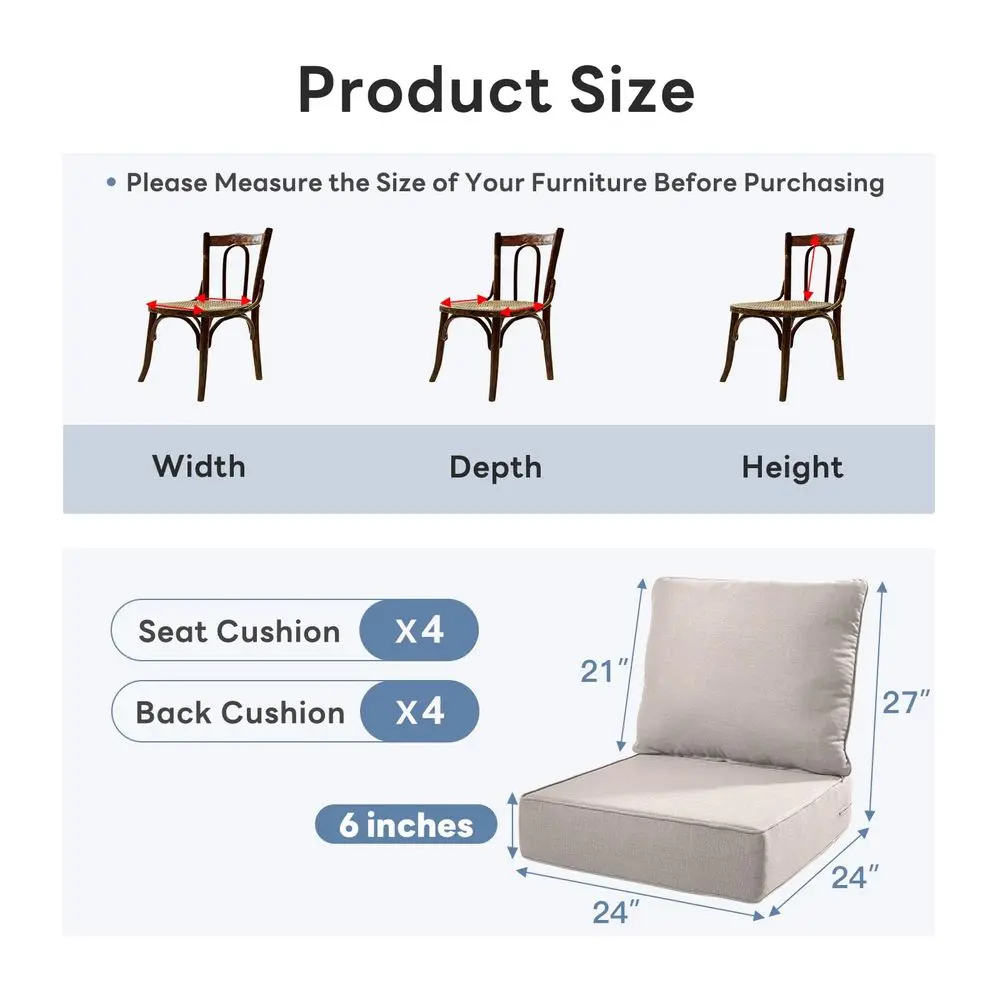 

Thicker Outdoor Chair Cushion 4 Sets 24 24 6 Waterproof Patio Furniture Cushions with Removable Cover, 28D High Density Sponge
