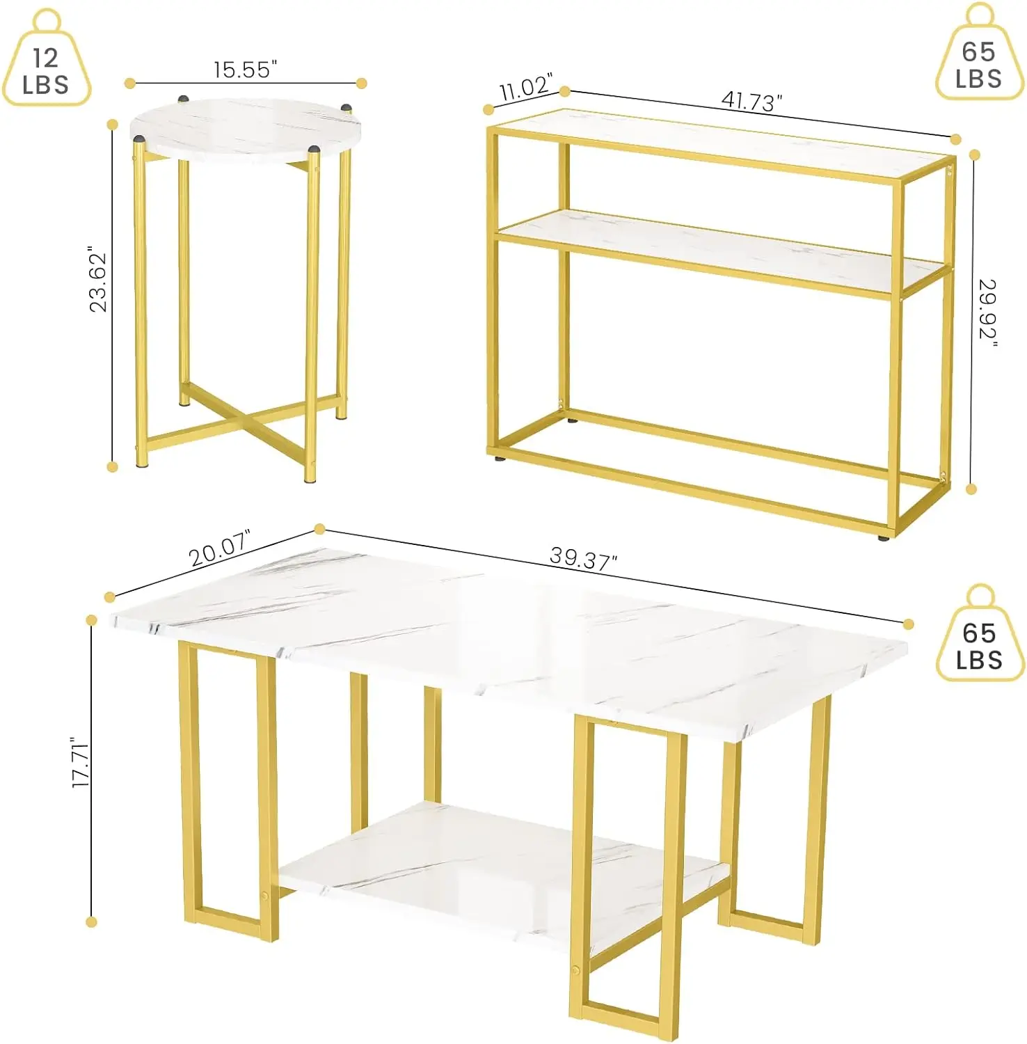 Coffee Table Set of 3, Faux Marble Coffee Table and Round End Table Sets with Storage Shelves & Metal Frame