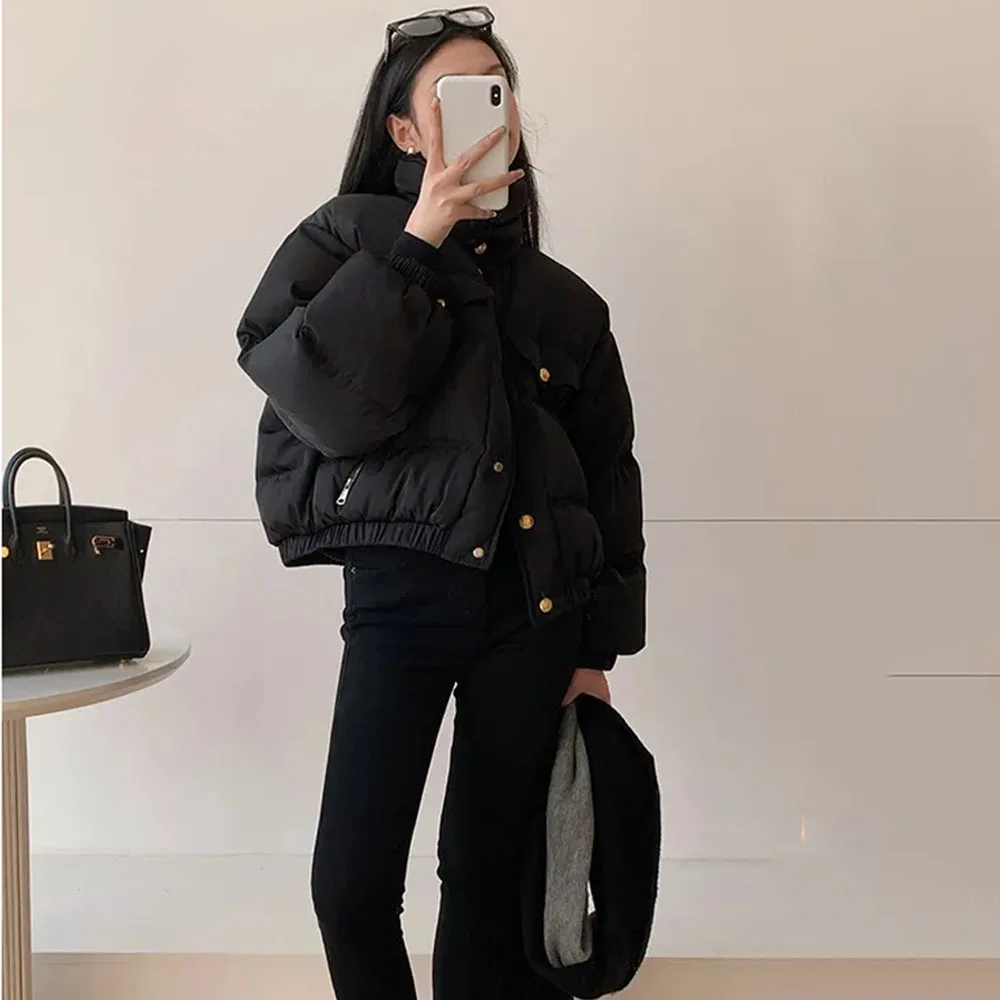 Temperament Short Cotton Coat Women\'s 2024Winter Fashion Crop Jackets For Woman Black Thicken Bread Clothing Trend Ladies Parkas