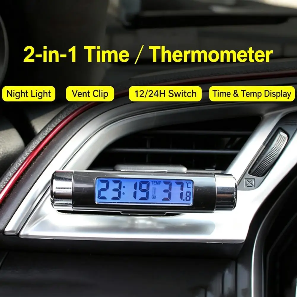 Car Air Vent Digital Clock Thermometer 2 in 1 LED Backlight LCD Display Auto Interior Outlet Clip Temperature Meter Gauge