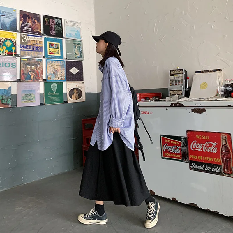 

Юбка-трапеция с высокой талией в стиле ретро, гонконгский стиль, средней длины, для женщин больших размеров, модная, хлопковая, цветная