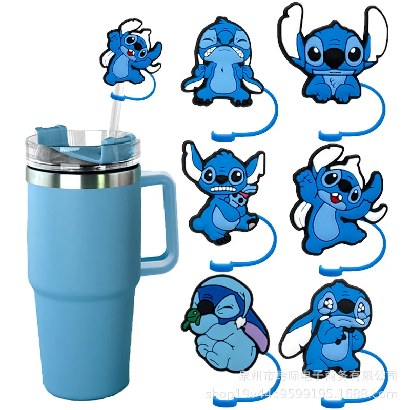 

New Disney Kawaii Stitch Party Straw Decoration Accessories Reusable Silicone Dust Plug Anime Cartoon Straws Caps for Children