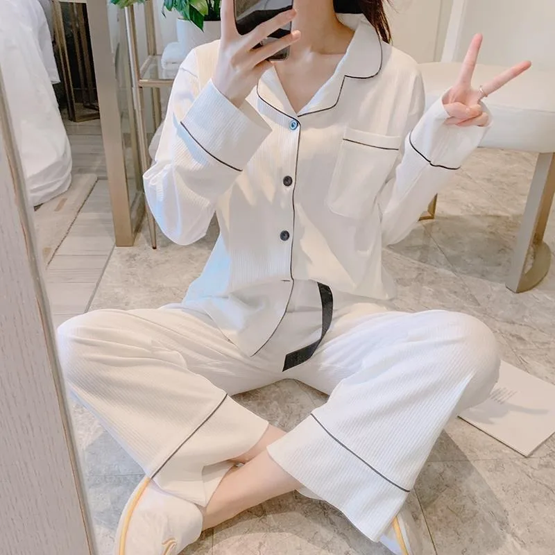 

2024 New Pajama Women's Spring Autumn Pure Cotton Loungewear Long Sleeved Sleepwear Cardigan Sweet V-neck Loose Homewear Set