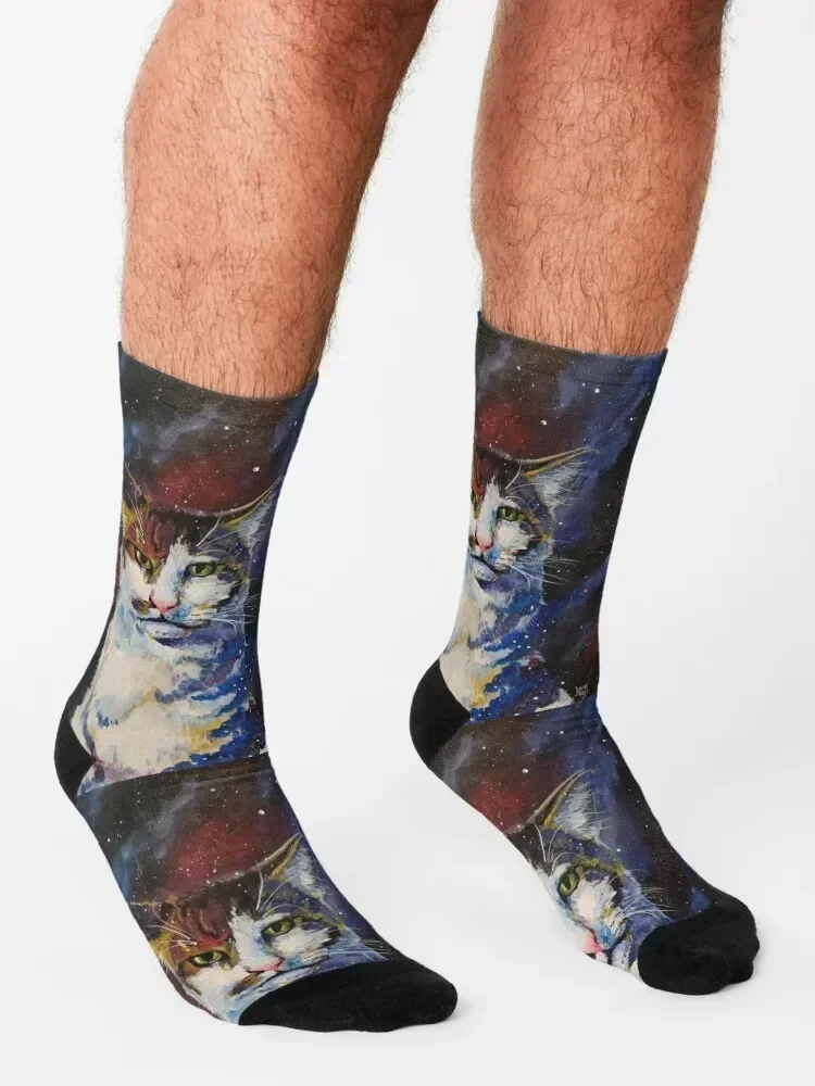 Cosmic Cat Doesn't Care Socks with print Hiking boots men cotton high quality Toe sports Socks Women Men's