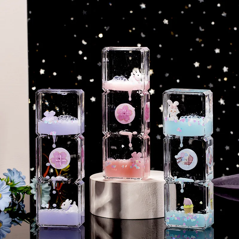 

Geometry 3Layers Acrylic Square Cartoon rabbit Oil Drop Drifting World Toy Children Hourglass Toy For Creative Kid Birthday Gift