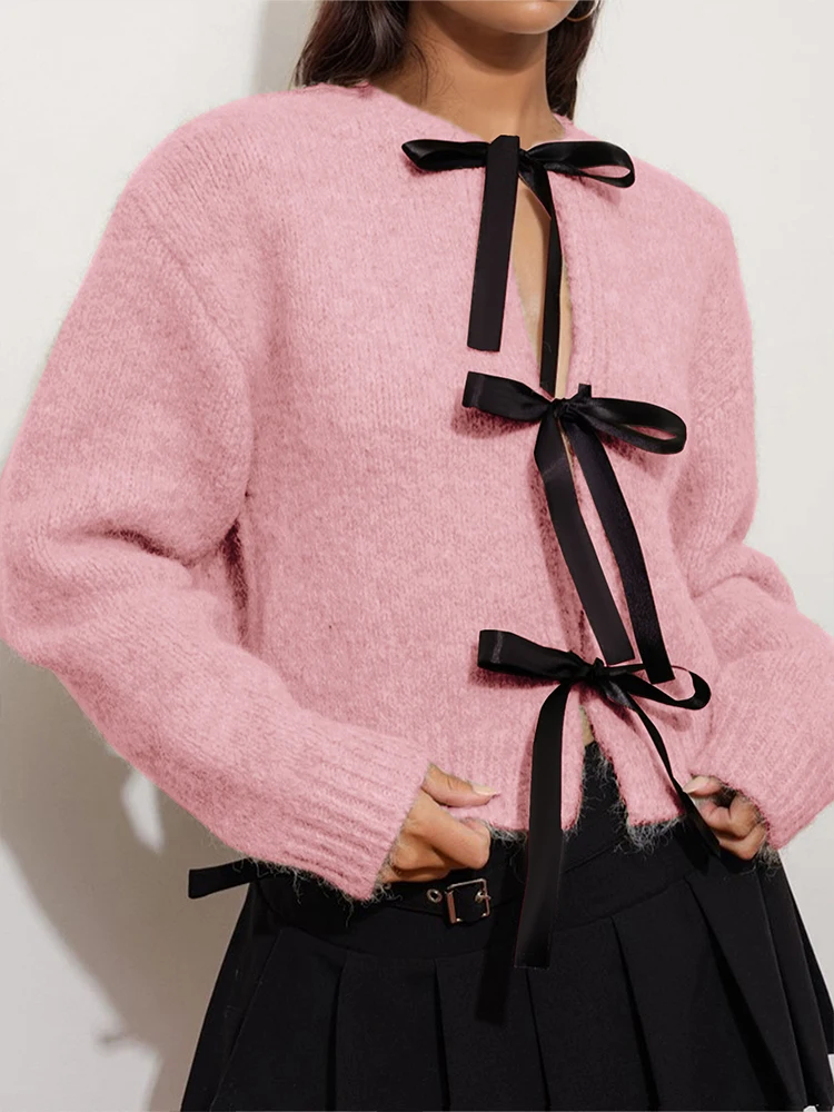 여성용 솔리드 컬러 니트웨어 카디건 붕대 스웨터 패션 스트리트 스타일 가을 겨울 2024 최고의 선택